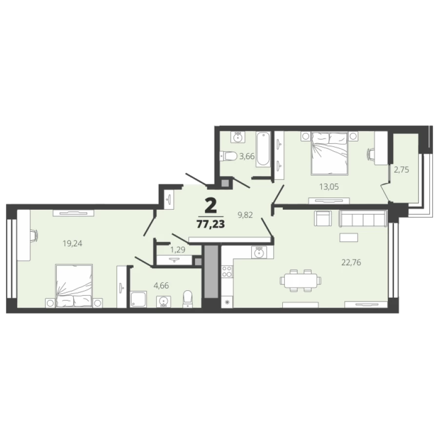 Купить квартиру в Рязани, новостройка, 2х комнатную в Центре в ЖК Вега, 77,23 кв. м. 3 этаж, 2 секция